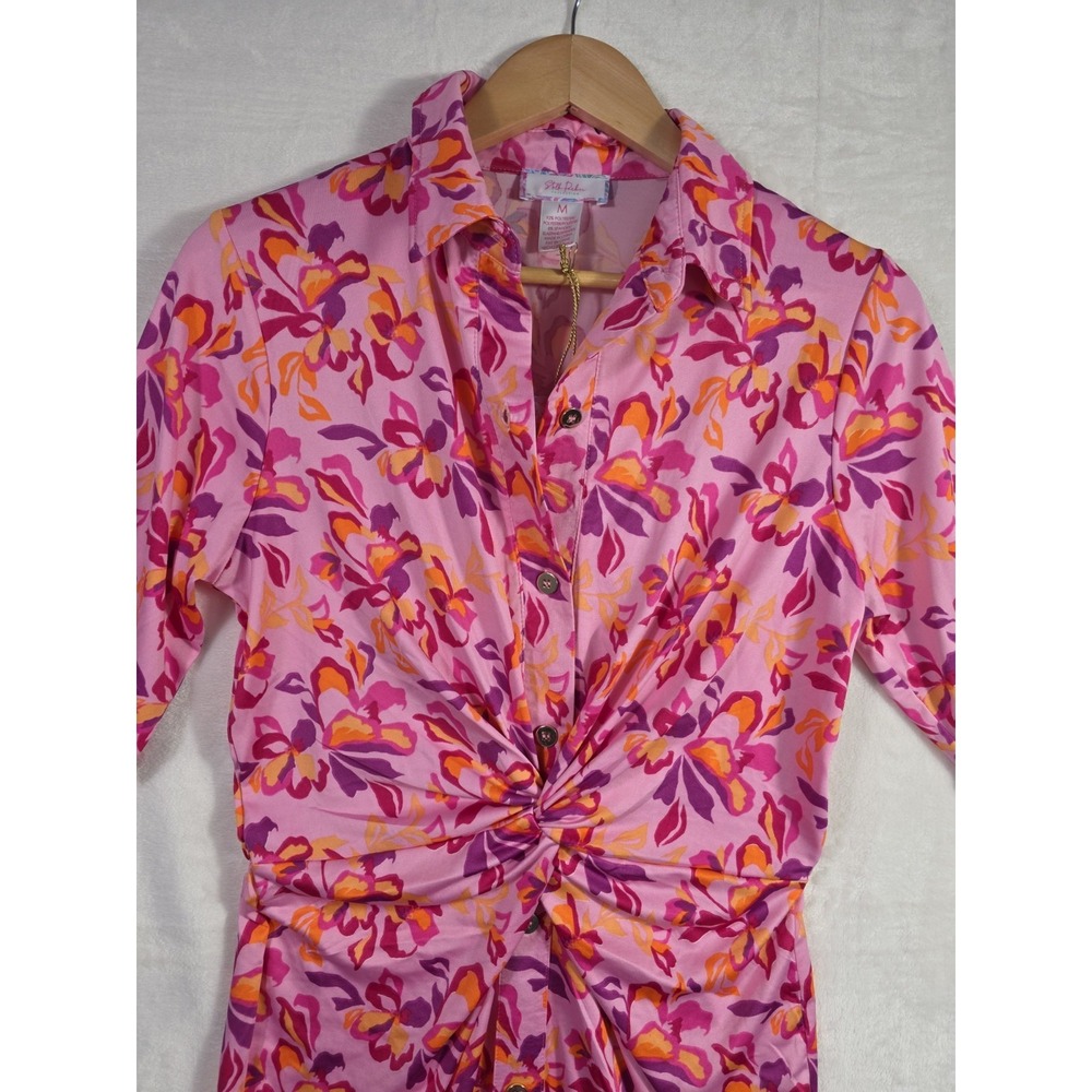 Stella Parker UPF Sun Protection Floral Twist Shirt Dress Pink Fuchsia M NWT - Picture 3 of 12